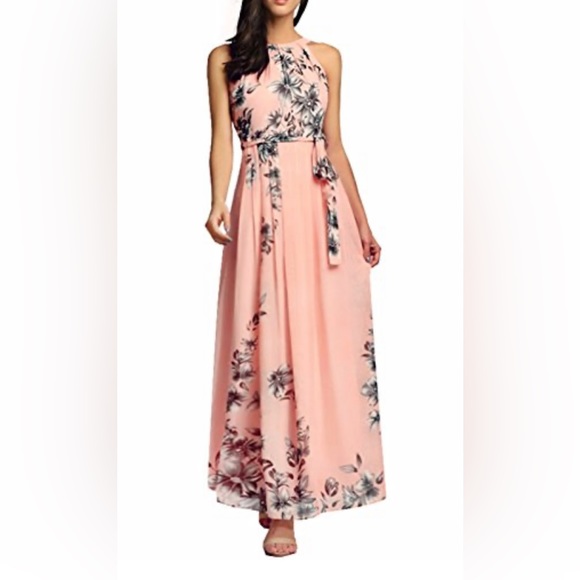 Ruiyige Pink and Grey Formal Sleeveless Maxi Chiffon Halter Neck Vintage Dress - Picture 2 of 8